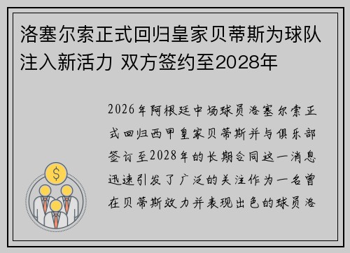 洛塞尔索正式回归皇家贝蒂斯为球队注入新活力 双方签约至2028年