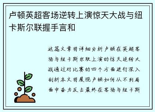 卢顿英超客场逆转上演惊天大战与纽卡斯尔联握手言和 卢顿英超客场逆转上演惊天大战与纽卡斯尔联握手言和